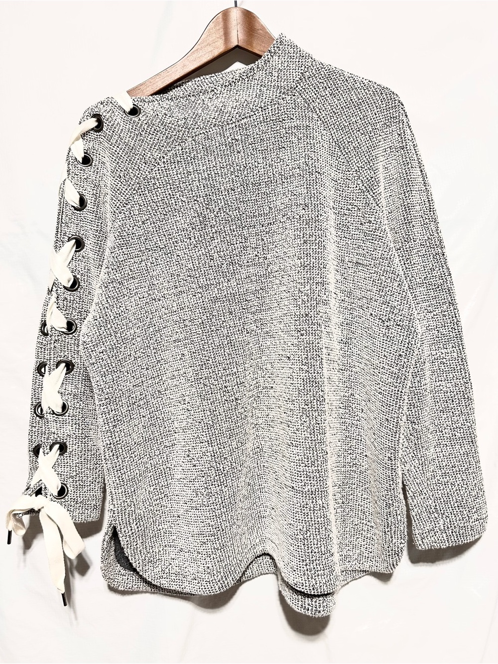 NIC+ZOE Marled Knit Lace Up Grommet Sleeve Sweater Black White Large